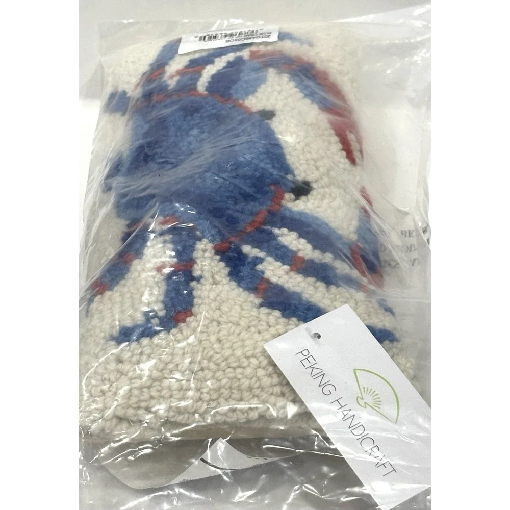 Peking Handicraft Blue Crab Hooked Wool Lumbar Throw Pillow 12x5 NWT